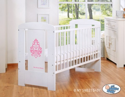 Drewniane białe łóżeczko dla niemowląt 120x60cm Glamour biało-różowe