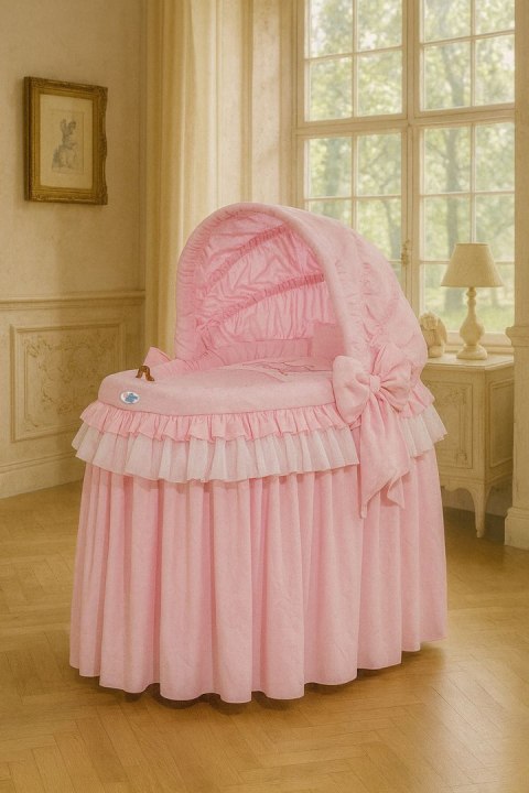 Kosz Mojżesza wiklinowy ze składaną budką- Little Princess różowy