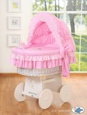 Kosz Mojżesza z budką- Miś z kokardką biały + różowa pościel z haftem