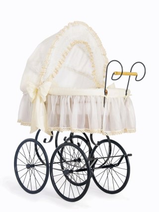 Wiklinowy kosz Mojżesza Retro ze składaną budką Elisa - naturalny + kremowa pościel z koronką