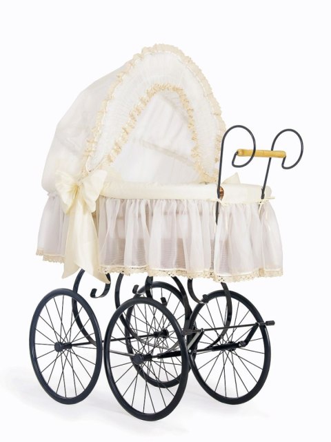 Wiklinowy kosz Mojżesza Retro ze składaną budką Elisa - naturalny + kremowa pościel z koronką