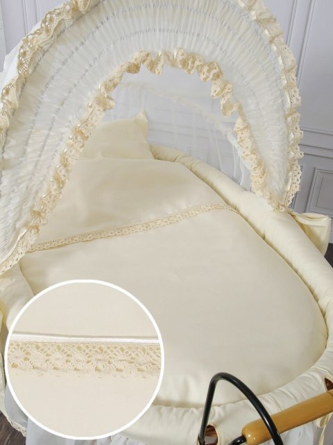 Wiklinowy kosz Mojżesza Retro ze składaną budką Elisa - naturalny + kremowa pościel z koronką