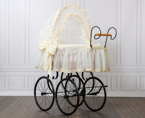 Wiklinowy kosz Mojżesza Retro ze składaną budką Elisa - naturalny + kremowa pościel z koronką