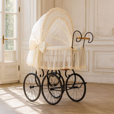 Wiklinowy kosz Mojżesza Retro ze składaną budką Elisa - naturalny + kremowa pościel z koronką