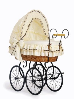 Wiklinowy kosz Mojżesza Retro ze składaną budką Emma - naturalny + kremowa pościel z koronką