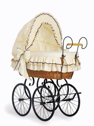 Wiklinowy kosz Mojżesza Retro ze składaną budką Emma - naturalny + kremowa pościel z koronką