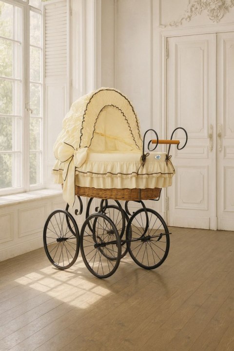 Wiklinowy kosz Mojżesza Retro ze składaną budką Emma - naturalny + kremowa pościel z koronką