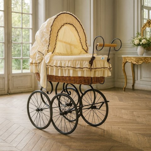 Wiklinowy kosz Mojżesza Retro ze składaną budką Emma - naturalny + kremowa pościel z koronką