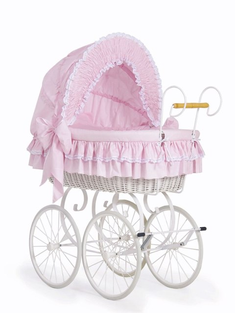 Wiklinowy kosz Mojżesza Retro ze składaną budką Victoria - biały + różowa pościel z koronką