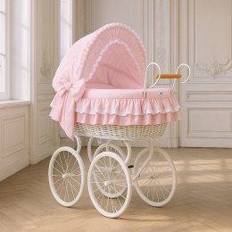 Wiklinowy kosz Mojżesza Retro ze składaną budką Victoria - biały + różowa pościel z koronką