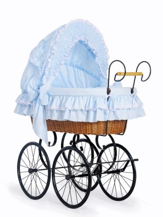 Wiklinowy kosz Mojżesza Retro ze składaną budką Victoria - naturalny + niebieska pościel z koronką