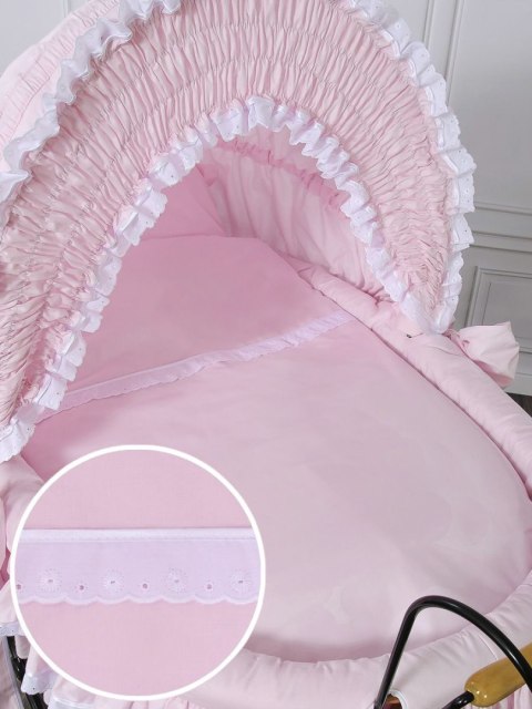 Wiklinowy kosz Mojżesza Retro ze składaną budką Victoria - naturalny + różowa pościel z koronką