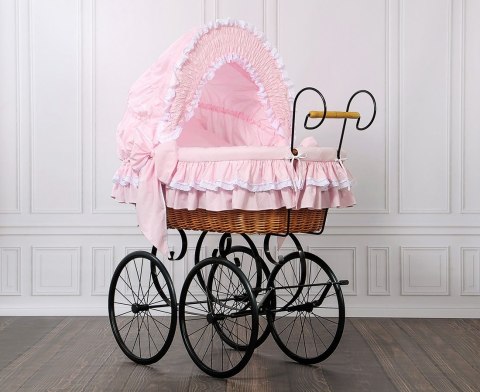 Wiklinowy kosz Mojżesza Retro ze składaną budką Victoria - naturalny + różowa pościel z koronką