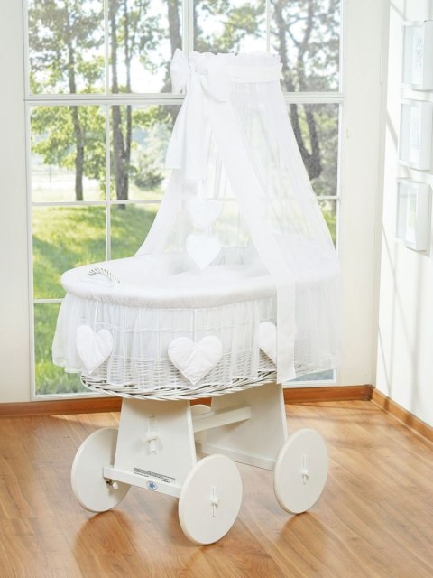 Wiklinowy kosz Mojżesza z baldachimem Amelia - biały + biała pościel