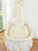 Wiklinowy kosz Mojżesza z baldachimem Amelia - biały + kremowa pościel
