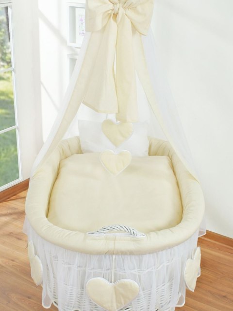 Wiklinowy kosz Mojżesza z baldachimem Amelia - biały + kremowa pościel