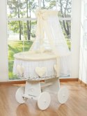 Wiklinowy kosz Mojżesza z baldachimem Amelia - biały + kremowa pościel