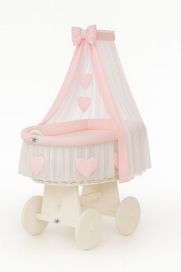 Wiklinowy kosz Mojżesza z baldachimem Amelia - biały + różowa pościel