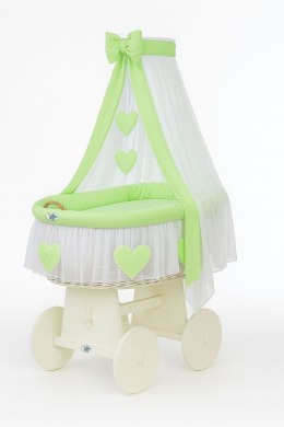 Wiklinowy kosz Mojżesza z baldachimem Amelia - biały + zielona pościel