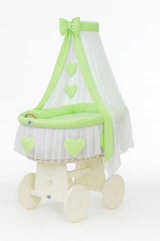 Wiklinowy kosz Mojżesza z baldachimem Amelia - biały + zielona pościel