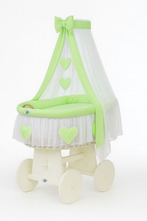 Wiklinowy kosz Mojżesza z baldachimem Amelia - biały + zielona pościel