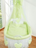 Wiklinowy kosz Mojżesza z baldachimem Amelia - biały + zielona pościel