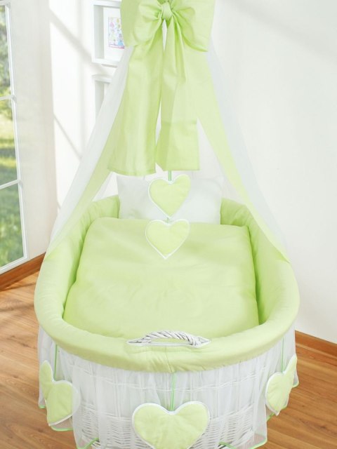 Wiklinowy kosz Mojżesza z baldachimem Amelia - biały + zielona pościel