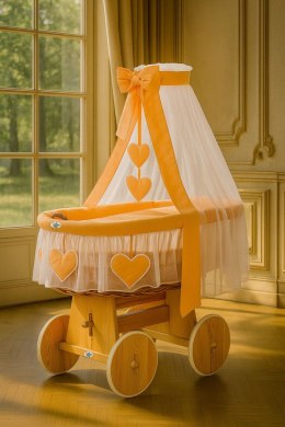 Wiklinowy kosz Mojżesza z baldachimem Amelia - naturalny + brzoskwiniowa pościel