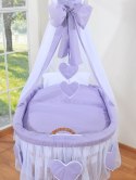 Wiklinowy kosz Mojżesza z baldachimem Amelia - naturalny + fioletowa pościel