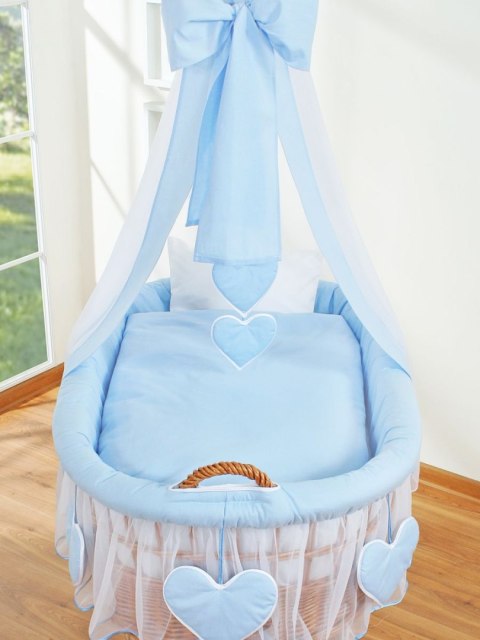 Wiklinowy kosz Mojżesza z baldachimem Amelia - naturalny + niebieska pościel