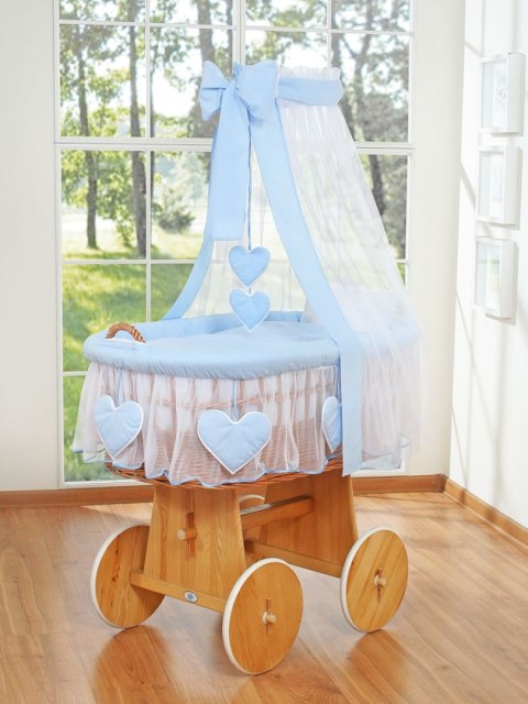 Wiklinowy kosz Mojżesza z baldachimem Amelia - naturalny + niebieska pościel