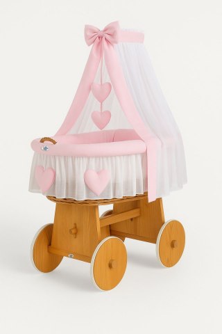 Wiklinowy kosz Mojżesza z baldachimem Amelia - naturalny + różowa pościel