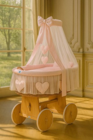 Wiklinowy kosz Mojżesza z baldachimem Amelia - naturalny + różowa pościel