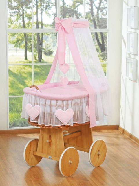 Wiklinowy kosz Mojżesza z baldachimem Amelia - naturalny + różowa pościel