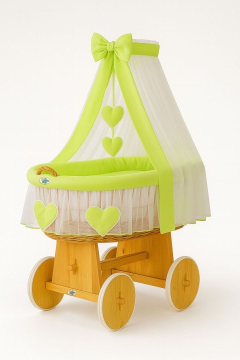 Wiklinowy kosz Mojżesza z baldachimem Amelia - naturalny + zielona pościel