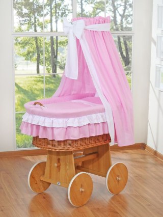 Wiklinowy kosz Mojżesza z baldachimem Bellamy - naturalny + różowa pościel
