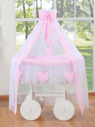 Wiklinowy kosz Mojżesza z baldachimem Deluxe Amelia - biały + różowa pościel