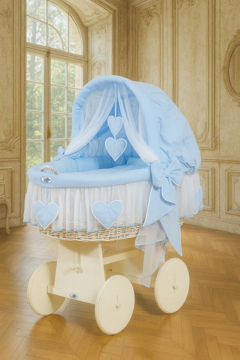 Wiklinowy kosz Mojżesza ze składaną budką Amelia - biały + niebieska pościel