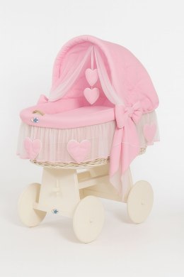 Wiklinowy kosz Mojżesza ze składaną budką Amelia - biały + różowa pościel