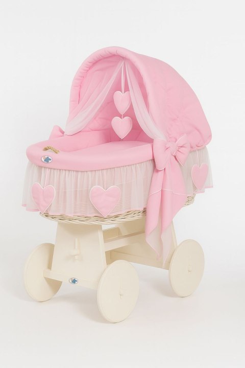 Wiklinowy kosz Mojżesza ze składaną budką Amelia - biały + różowa pościel