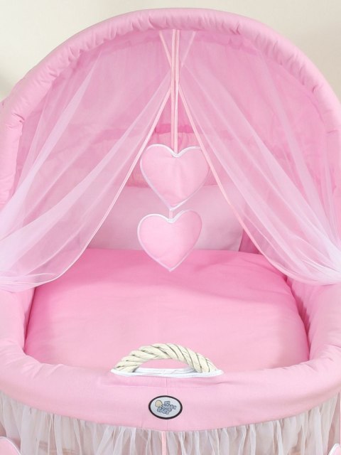 Wiklinowy kosz Mojżesza ze składaną budką Amelia - biały + różowa pościel