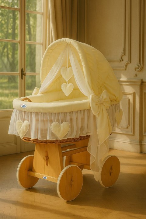 Wiklinowy kosz Mojżesza ze składaną budką Amelia - naturalny + kremowa pościel