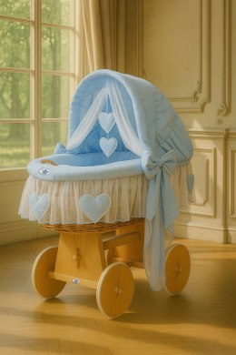 Wiklinowy kosz Mojżesza ze składaną budką Amelia - naturalny + niebieska pościel