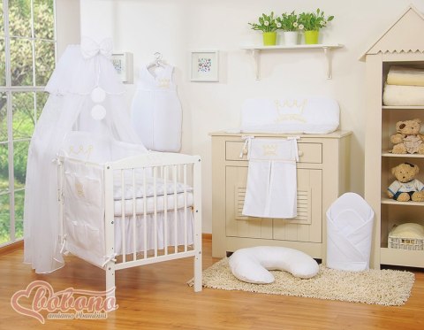 Duża moskitiera do łóżeczka dziecięcego z białego szyfonu z kółeczkami i kokardką - białe zawieszki