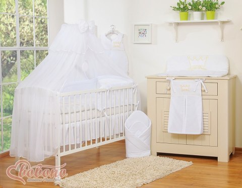 Duża moskitiera do łóżeczka dziecięcego z białego szyfonu z kółeczkami i kokardką - białe zawieszki