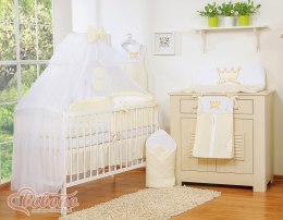 Duża moskitiera do łóżeczka dziecięcego z białego szyfonu z kółeczkami i kokardką -kremowe zawieszki