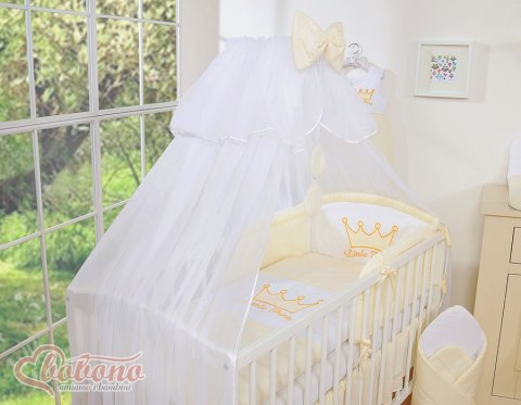 Duża moskitiera do łóżeczka dziecięcego z białego szyfonu z kółeczkami i kokardką -kremowe zawieszki