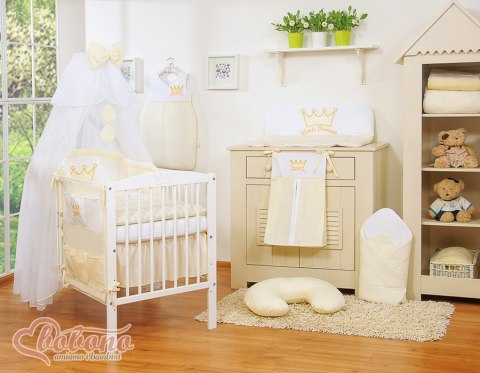 Duża moskitiera do łóżeczka dziecięcego z białego szyfonu z kółeczkami i kokardką -kremowe zawieszki