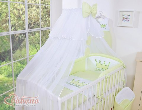 Duża moskitiera do łóżeczka dziecięcego z białego szyfonu z kółeczkami i kokardką -zielone zawieszki