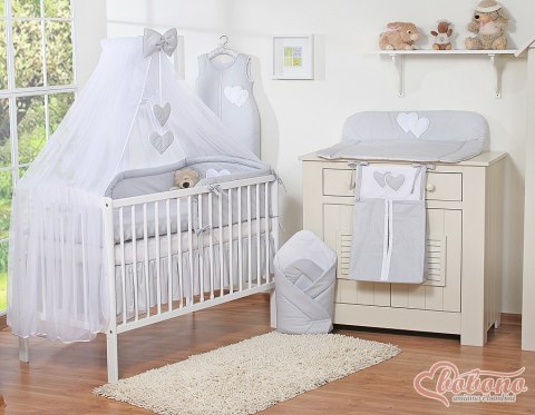 Duża moskitiera do łóżeczka dziecięcego z białego szyfonu z serduszkami i kokardką - szare zawieszki